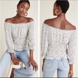 Anthropologie | Lucia Smocked | Off The Shoulder | Blouse | Black/White |‎ Small